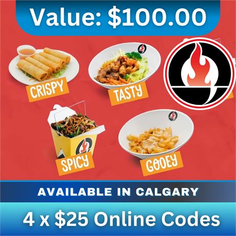 $100 In Gift Codes For Oodle Noodle Calgary  - $25 X 4 Online Codes