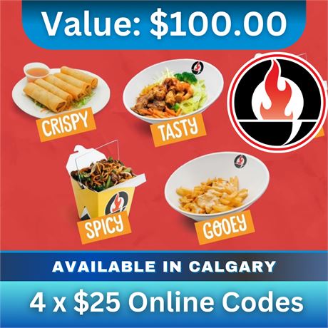 $100 In Gift Codes For Oodle Noodle Calgary  - $25 X 4 Online Codes