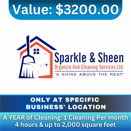 A YEAR of Cleaning: 1 Cleaning Per month 4 hours & up to 2,000 square feet