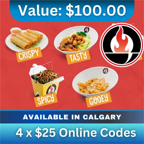 $100 In Gift Codes For Oodle Noodle Calgary  - $25 X 4 Online Codes