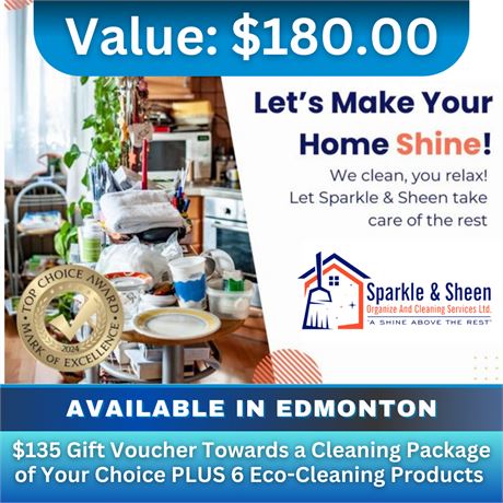 $135 Gift voucher for cleaning package + 6 eco-cleaning products worth $180.