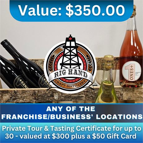 Private Tour & Tasting Certificate for up to 30  Valued at $300 +  $50 Gift Card