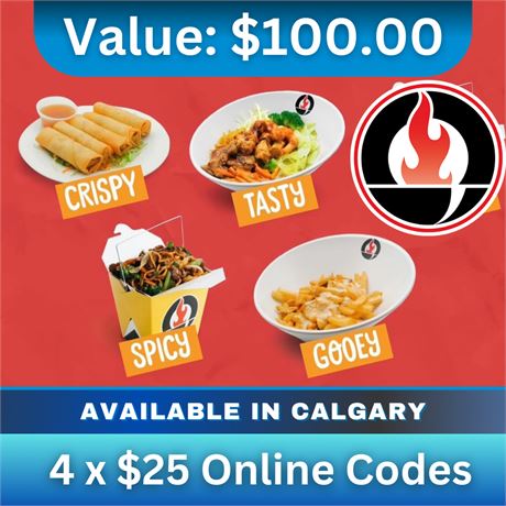 $100 In Gift Codes For Oodle Noodle Calgary  - $25 X 4 Online Codes