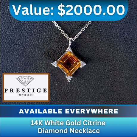 14K White Gold Citrine Diamond Necklace