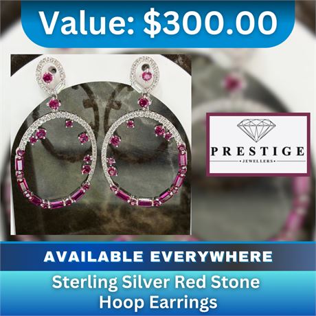 Sterling Silver Red Stone Hoop Earrings