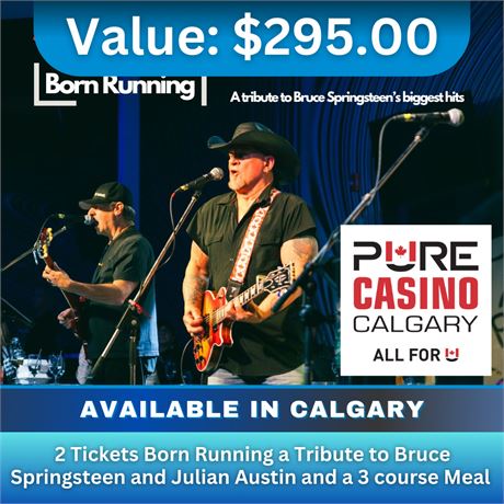 2 tickets Born Running tribute - Bruce Springsteen, Julian Austin with meal.