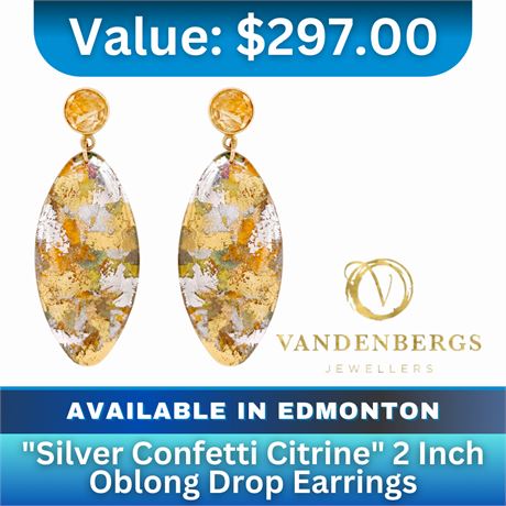 "Silver Confetti Citrine" 2 inch oblong drop earrings