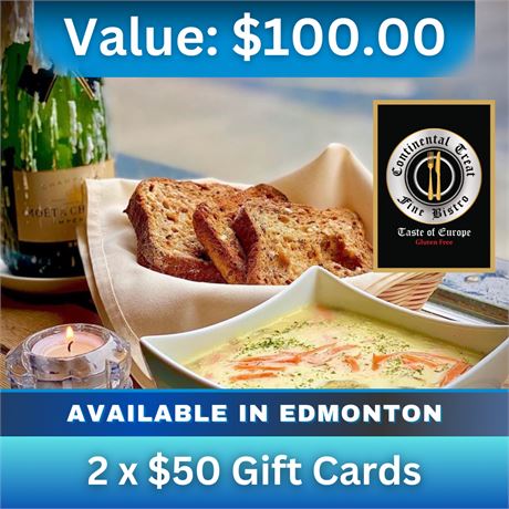 2 x $50 Gift Cards | Continental Treat Fine Bistro