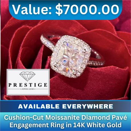 Cushion-Cut Moissanite Diamond Pav� Engagement Ring in 14K White Gold