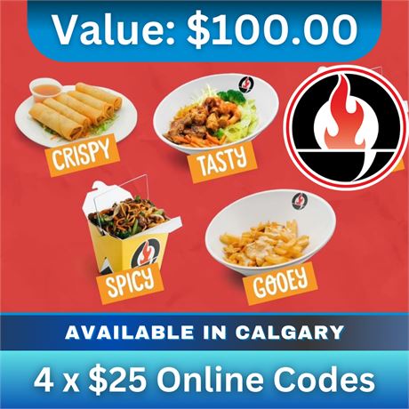 $100 In Gift Codes For Oodle Noodle Calgary  - $25 X 4 Online Codes